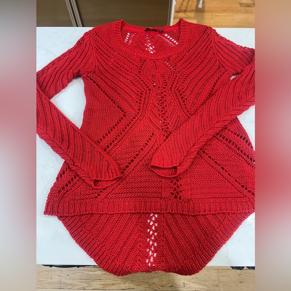 Dex Red Open-Knit Pullover Sweater Scoop Neck Long Sleeve Women’s S/P